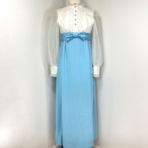 Vintage 70s Baby Blue Prom Dress Small Union Label Maxi Long Sleeves Ruffles USA - Picture 1 of 14